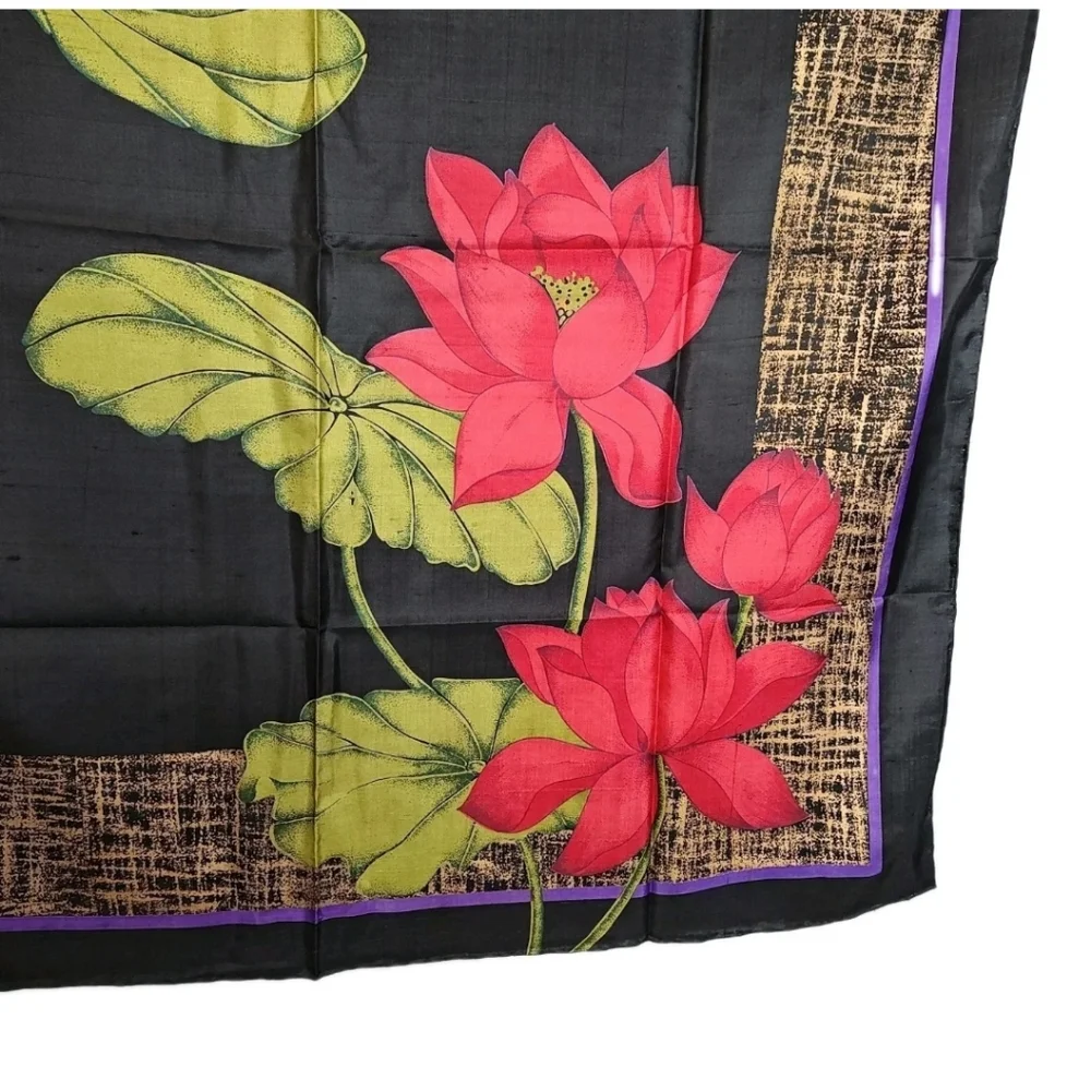 VTG Handmade Thailand Silk Scarf Black Red Lotus Artsy Boho Cottage Granny 34